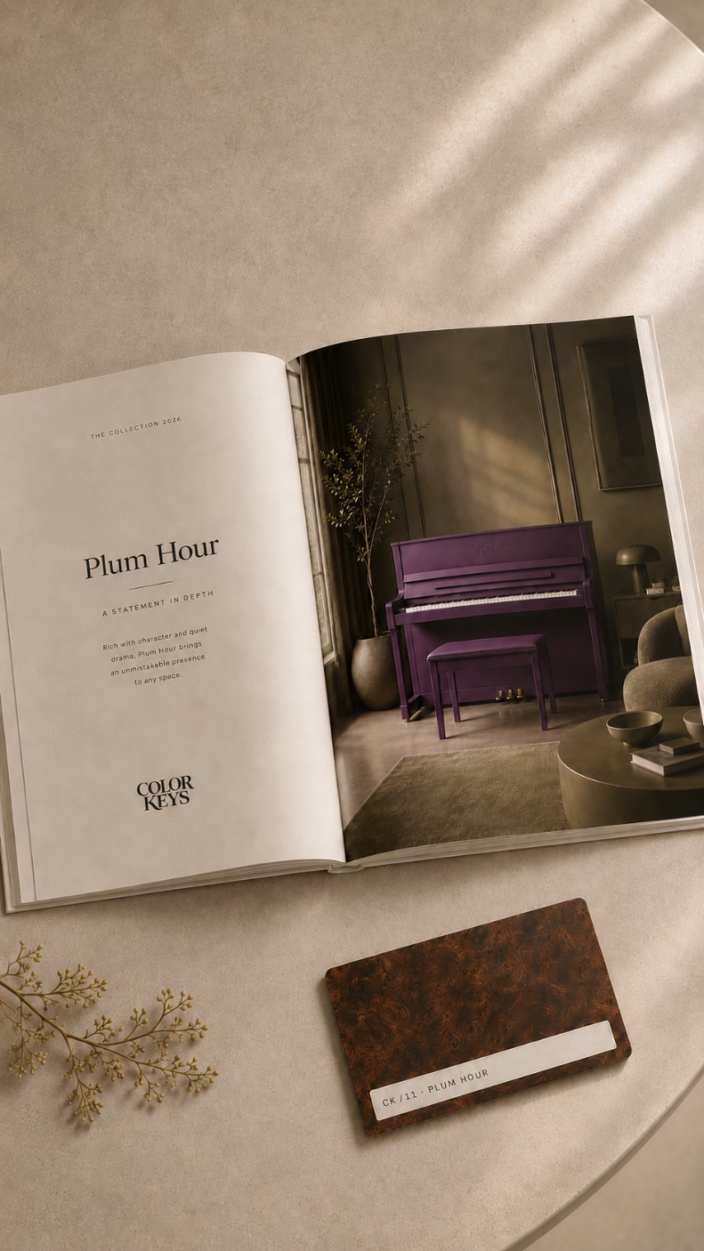 Kleurstalen en piano-visualisaties voor interieurprofessionals.