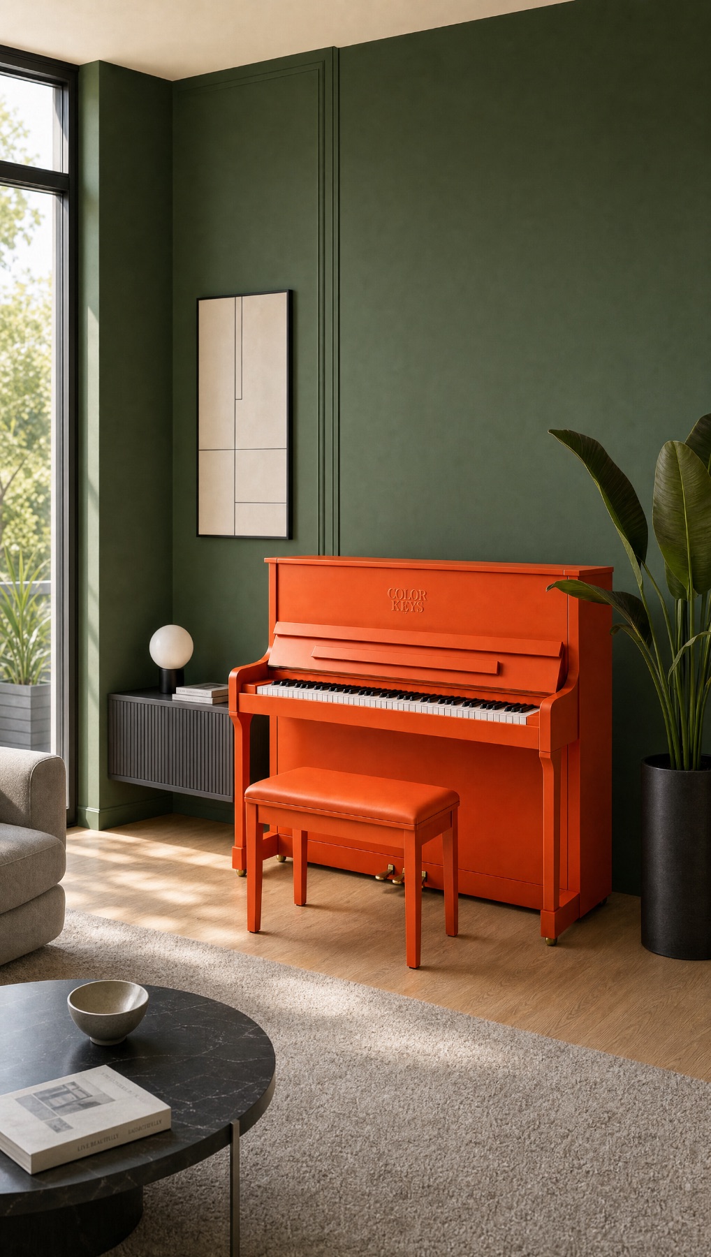 Oranje Color Keys piano tegen een groene wand in een licht interieur