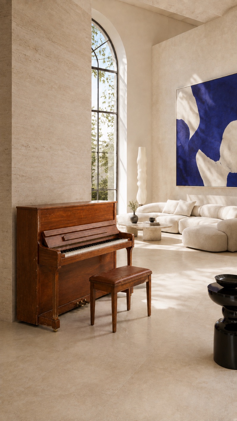 Piano als groot meubelstuk in een zorgvuldig ingericht interieur.
